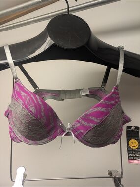 34B Joe Boxer Pink and Gray Lace Push-Up Demi Bra